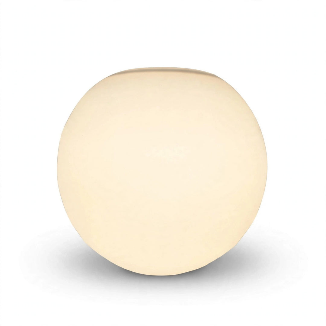 White glass globe wall sconce appears warm cream, with a narrow gray top rim against a white background.