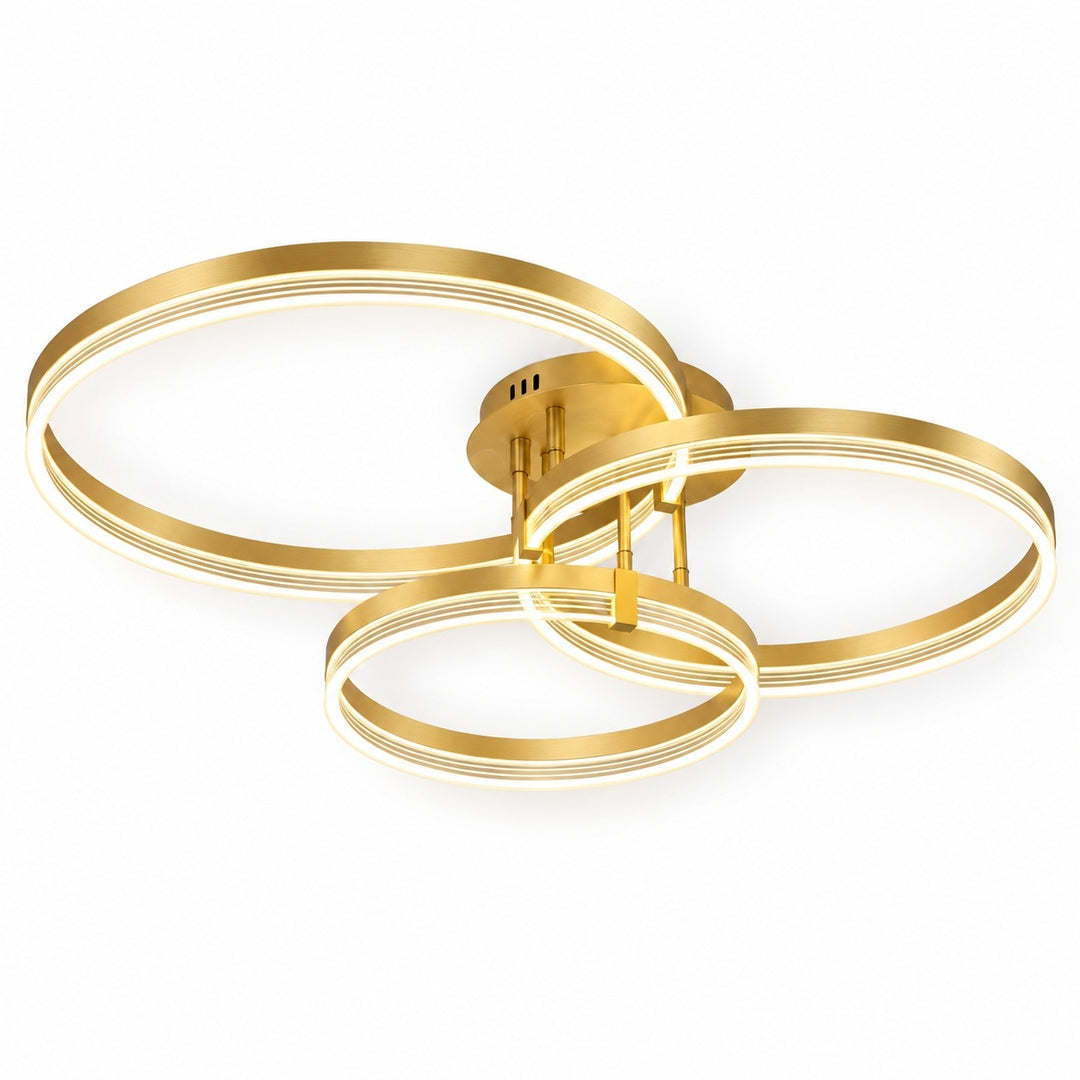 Modern three-ring gold LED ceiling light fixture with a brushed metal finish and integrated warm white lighting, shown against a plain white background.
