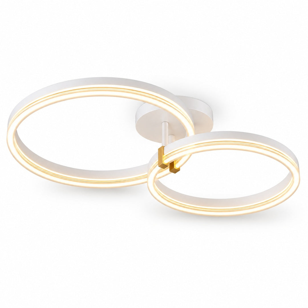Modern two-ring LED ceiling light fixture in white with a small gold accent, shown against a plain white background.