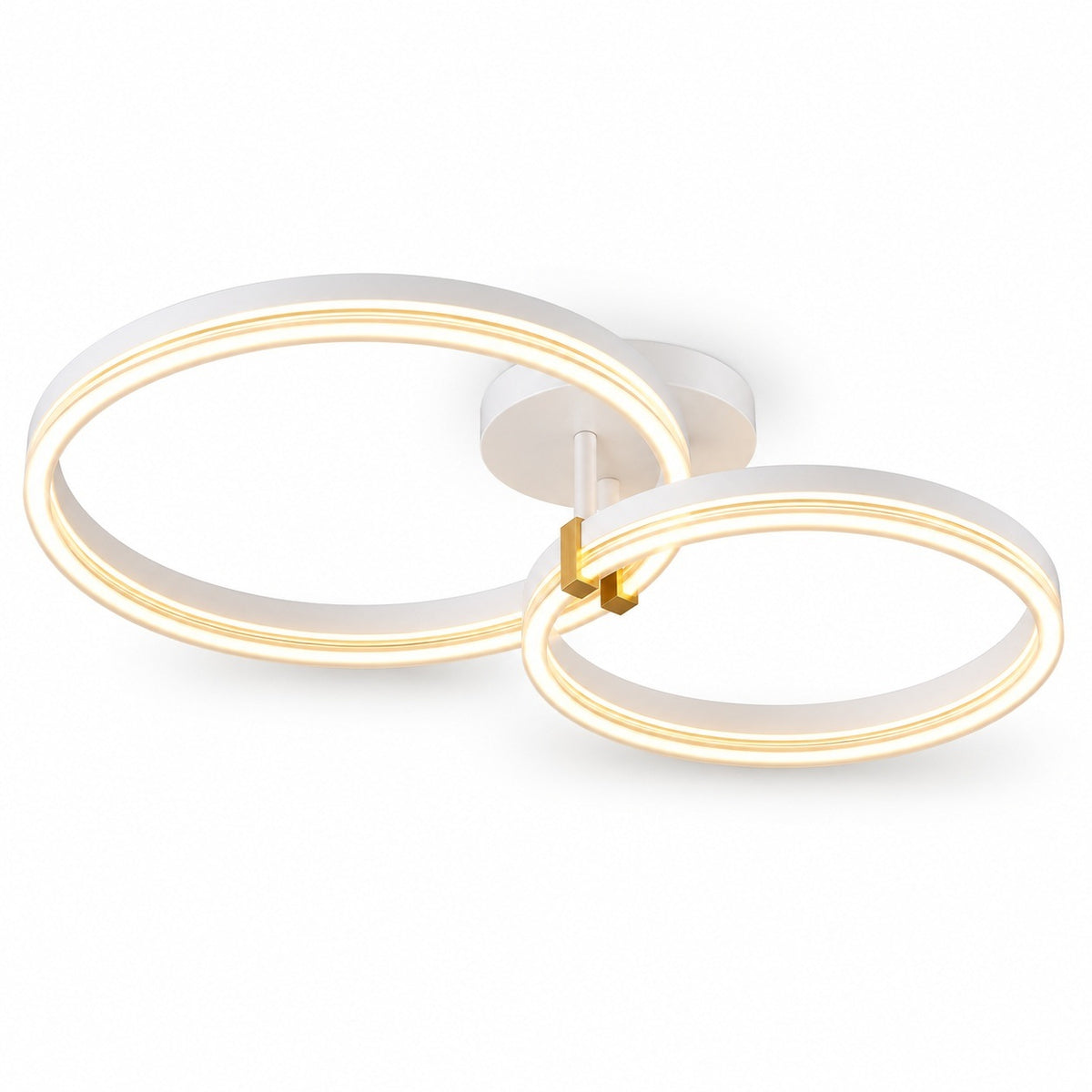 Modern two-ring LED ceiling light fixture in white with a small gold accent, shown against a plain white background.