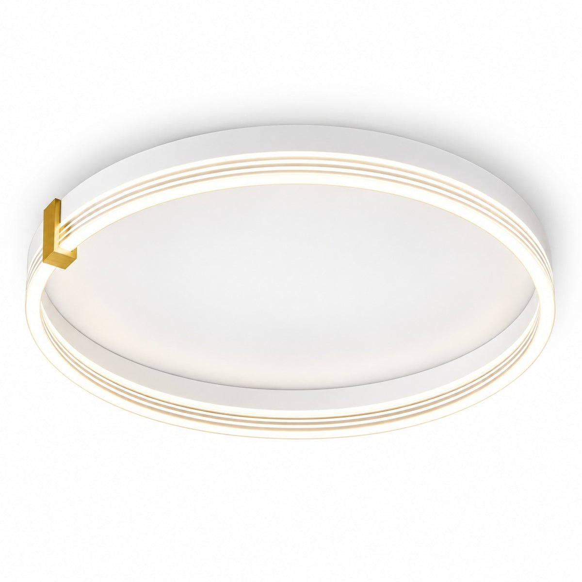 A modern flush-mount circular LED ceiling light with a white diffuser and a double-ring metallic trim featuring a small gold accent piece, shown against a plain white background.
