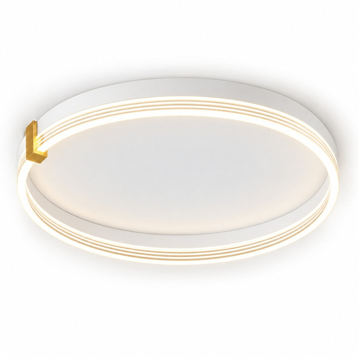 A modern flush-mount ceiling light fixture with a white circular frame, a glowing warm white LED ring, and a small gold accent piece on the left side, shown against a plain white background.