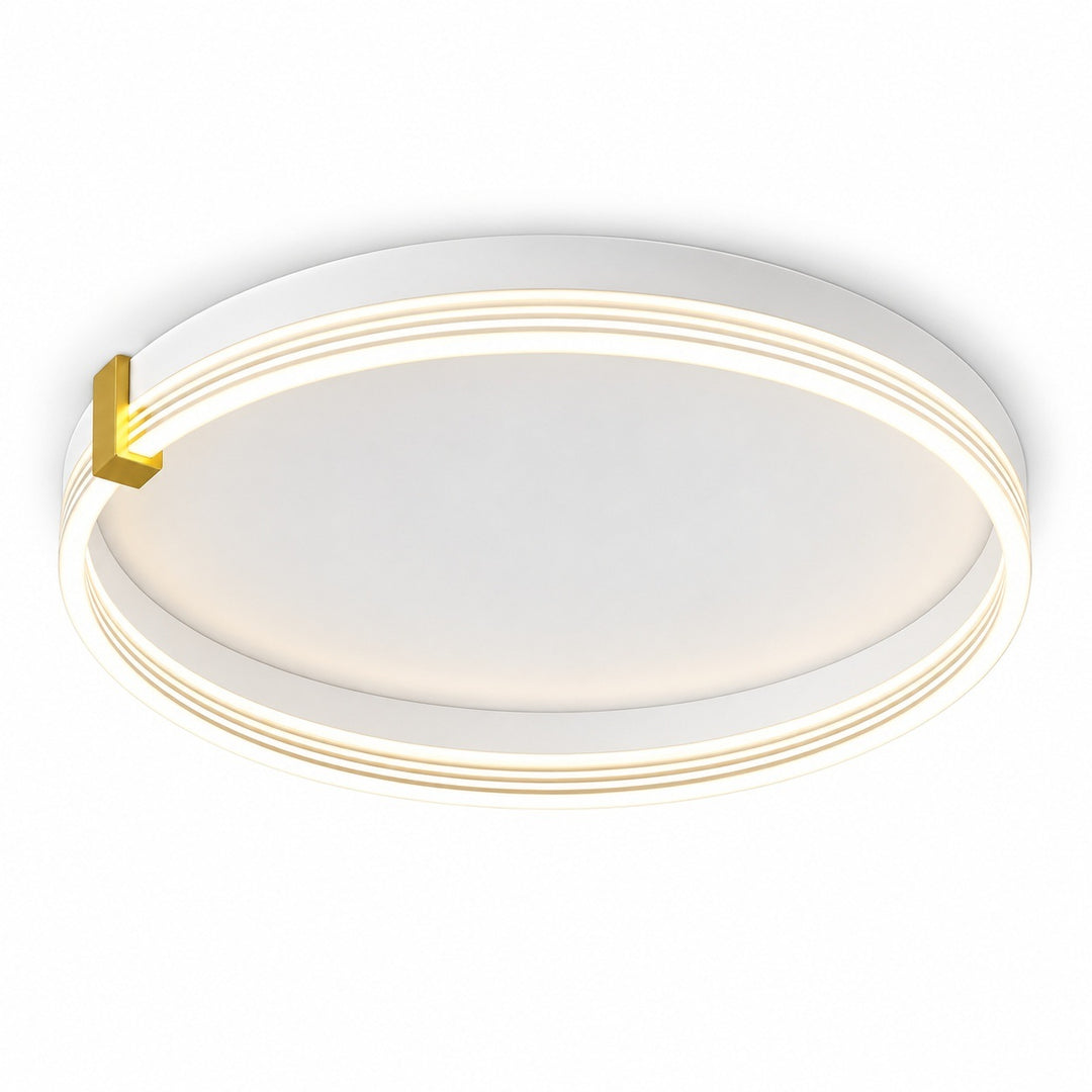 A modern flush-mount circular LED ceiling light with a white outer frame, a warm white diffuser, and a gold accent piece on the left side, shown against a plain white background.