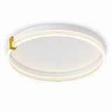A modern flush-mount circular LED ceiling light with a white outer frame, a warm white diffuser, and a gold accent piece on the left side, shown against a plain white background.