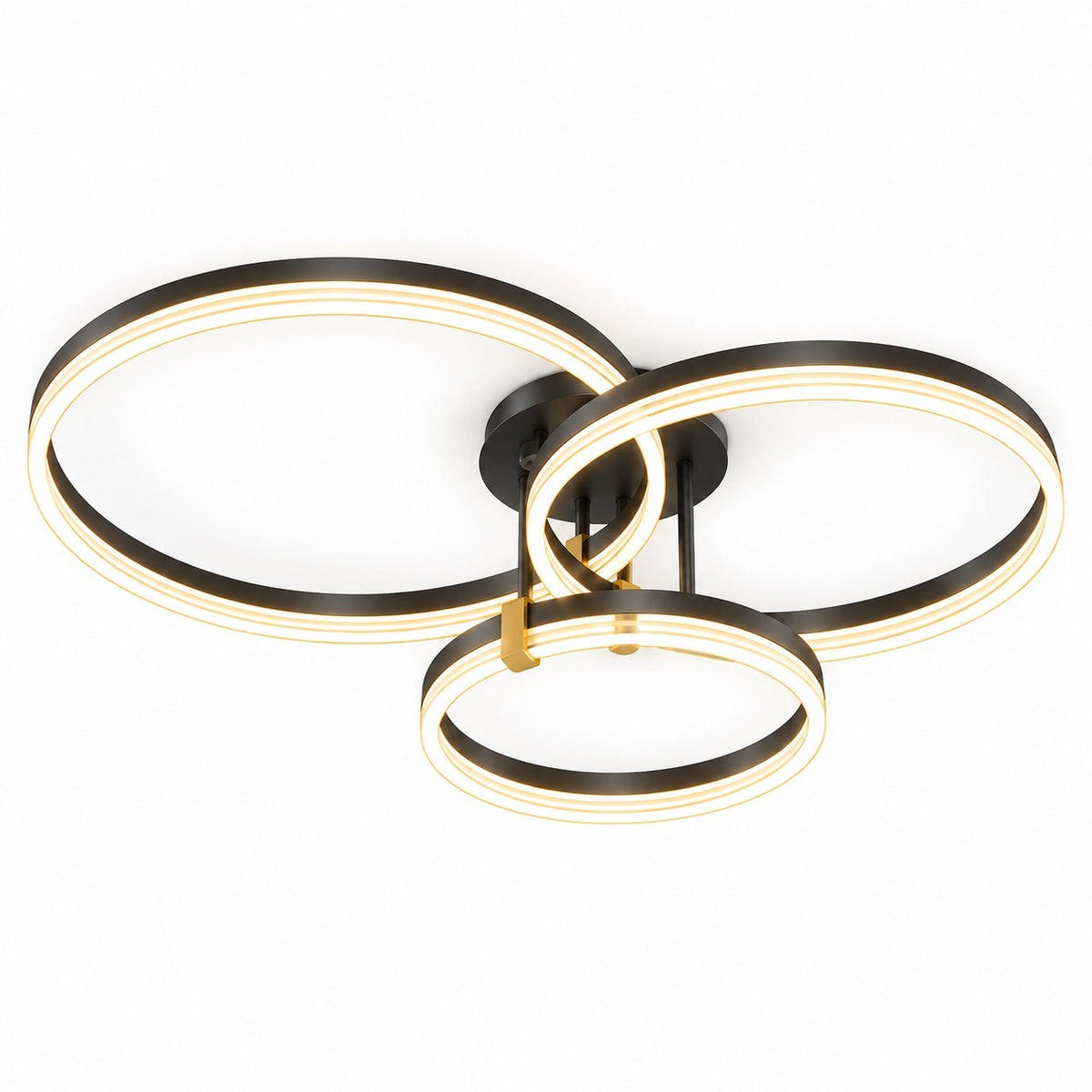Modern three-ring LED ceiling light fixture with a black metal frame and warm white illuminated rings, shown against a plain white background.