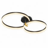 Modern double-ring LED ceiling light fixture in black with warm white illuminated rings and a small gold accent, shown on a plain white background.