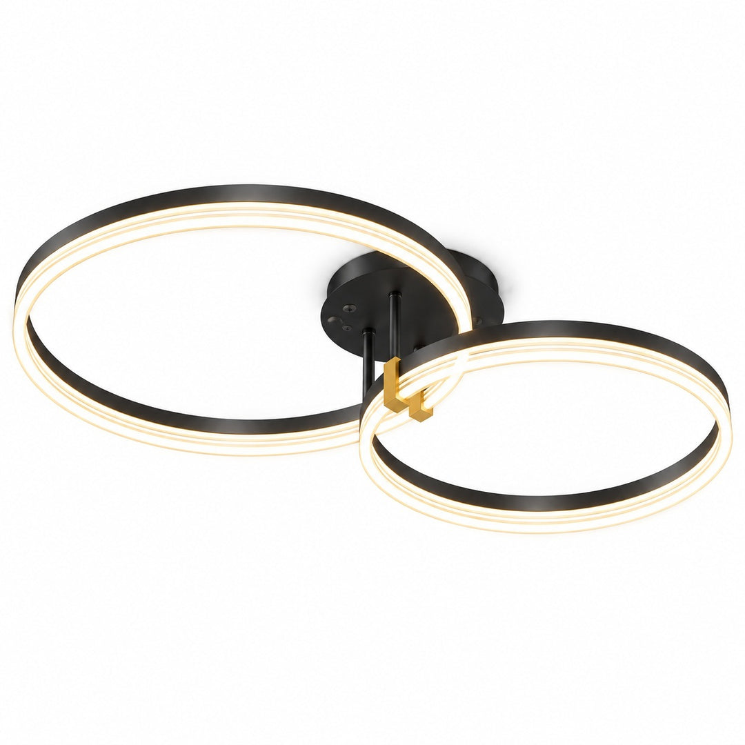 Modern double-ring LED ceiling light fixture in black with warm white illuminated rings, shown against a plain white background.