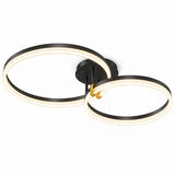 Modern double-ring LED ceiling light fixture in black with warm white illuminated rings, shown against a plain white background.
