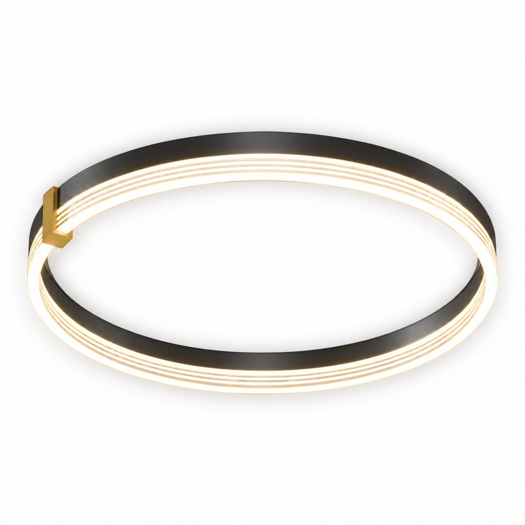 A modern circular LED ceiling light fixture with a black outer ring, multiple glowing warm-white inner rings, and a small gold accent piece on the left side, shown against a plain white background.
