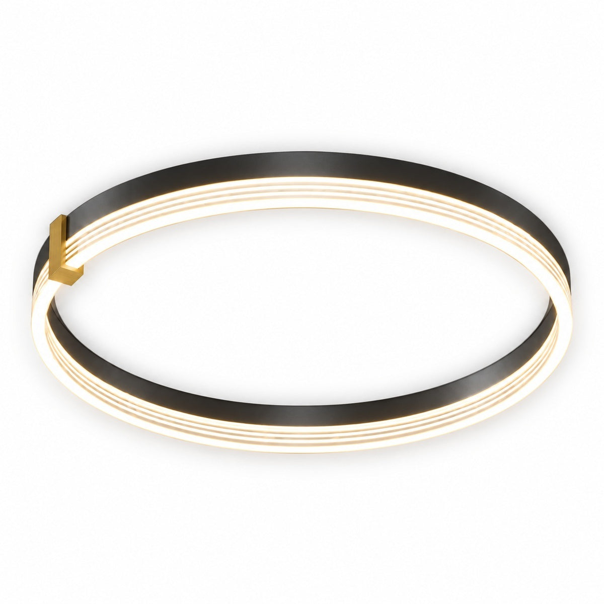 A modern circular LED ceiling light fixture with a black outer ring, multiple glowing warm-white inner rings, and a small gold accent piece on the left side, shown against a plain white background.
