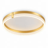 A modern flush-mount ceiling light fixture with a circular design, featuring a brushed gold metal frame with concentric ridges and a warm white frosted center panel.