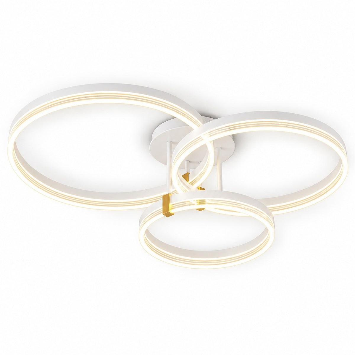 Modern ceiling light fixture with three interlocking circular LED rings in white and gold, shown against a plain white background.