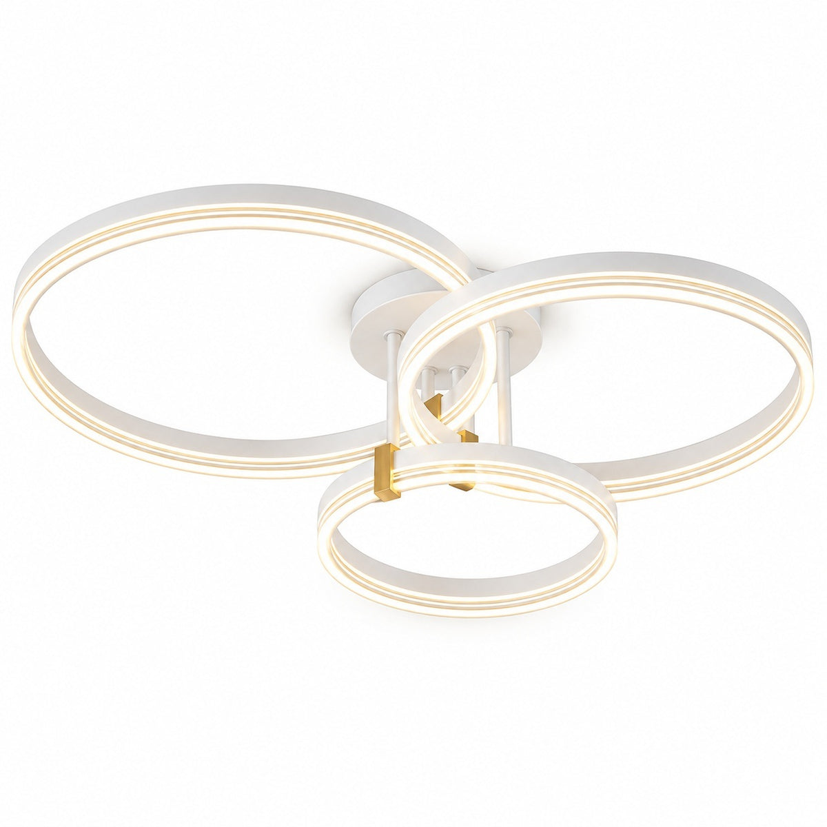 A modern three-ring LED ceiling light fixture in white with a small gold accent, shown against a solid white background.