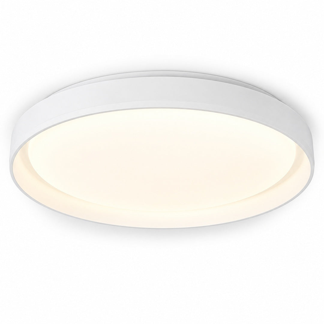 A modern flush-mount circular ceiling light fixture with a white outer frame and a warm white illuminated diffuser, shown against a plain white background.