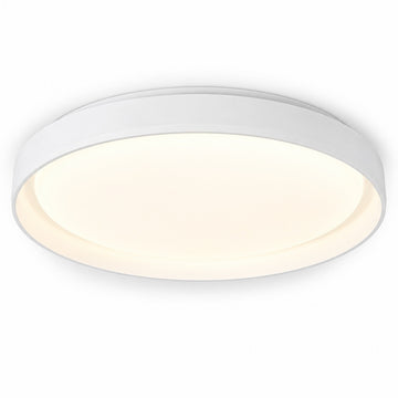 A modern flush-mount circular ceiling light fixture with a white outer frame and a warm white illuminated diffuser, shown against a plain white background.