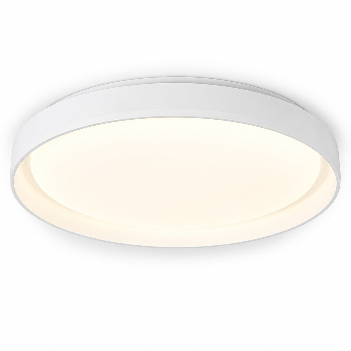 A modern flush-mount circular ceiling light fixture with a white outer frame and a warm white illuminated diffuser, shown against a plain white background.