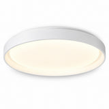 A modern flush-mount circular ceiling light with a white outer frame and a warm white illuminated diffuser, shown against a plain white background.