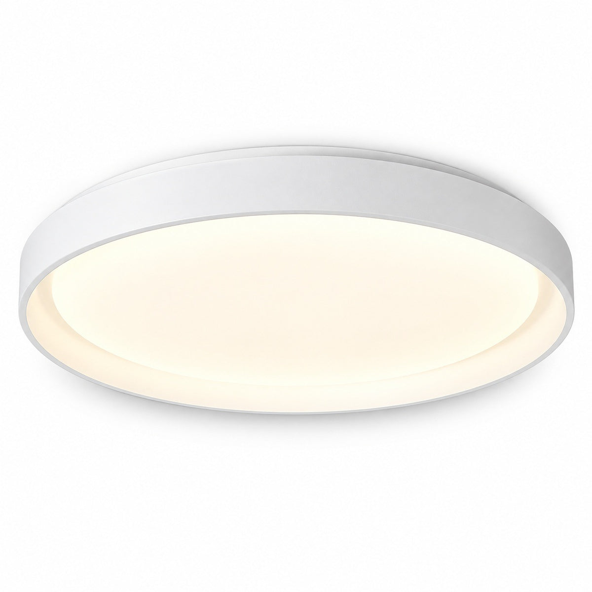 A modern flush-mount circular ceiling light with a white outer frame and a warm white illuminated diffuser, shown against a plain white background.