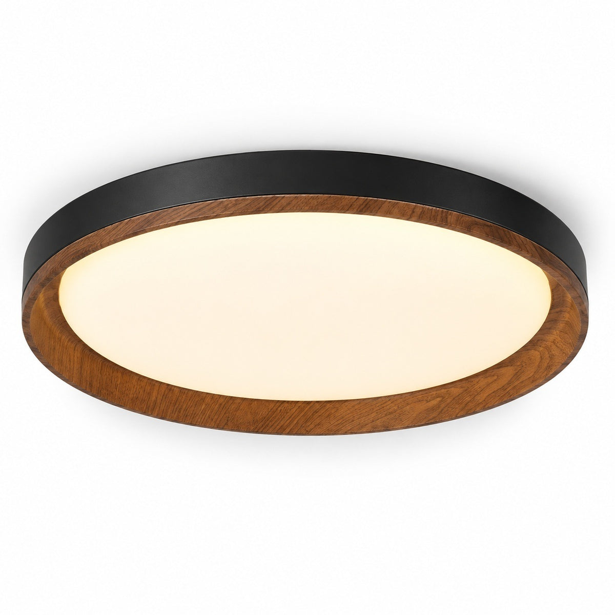 A round flush-mount ceiling light fixture featuring a warm white frosted glass diffuser, a medium brown wood grain outer ring, and a matte black inner rim, shown against a plain white background.