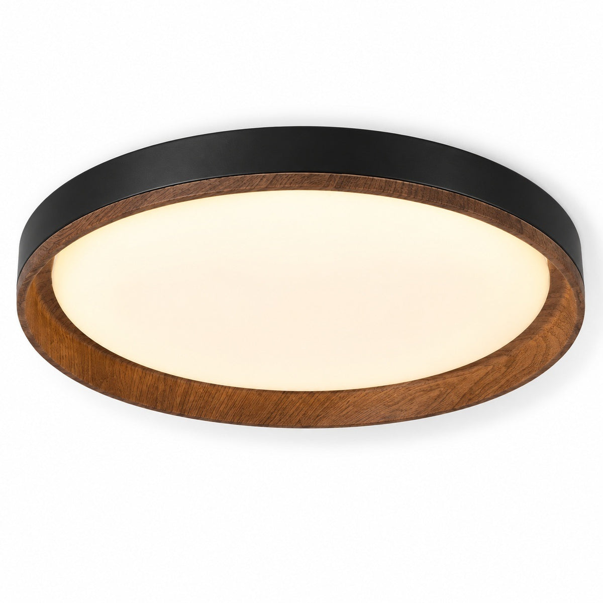 A modern flush-mount ceiling light fixture featuring a warm brown wood grain outer frame and a matte black inner rim surrounding a glowing warm white light panel.