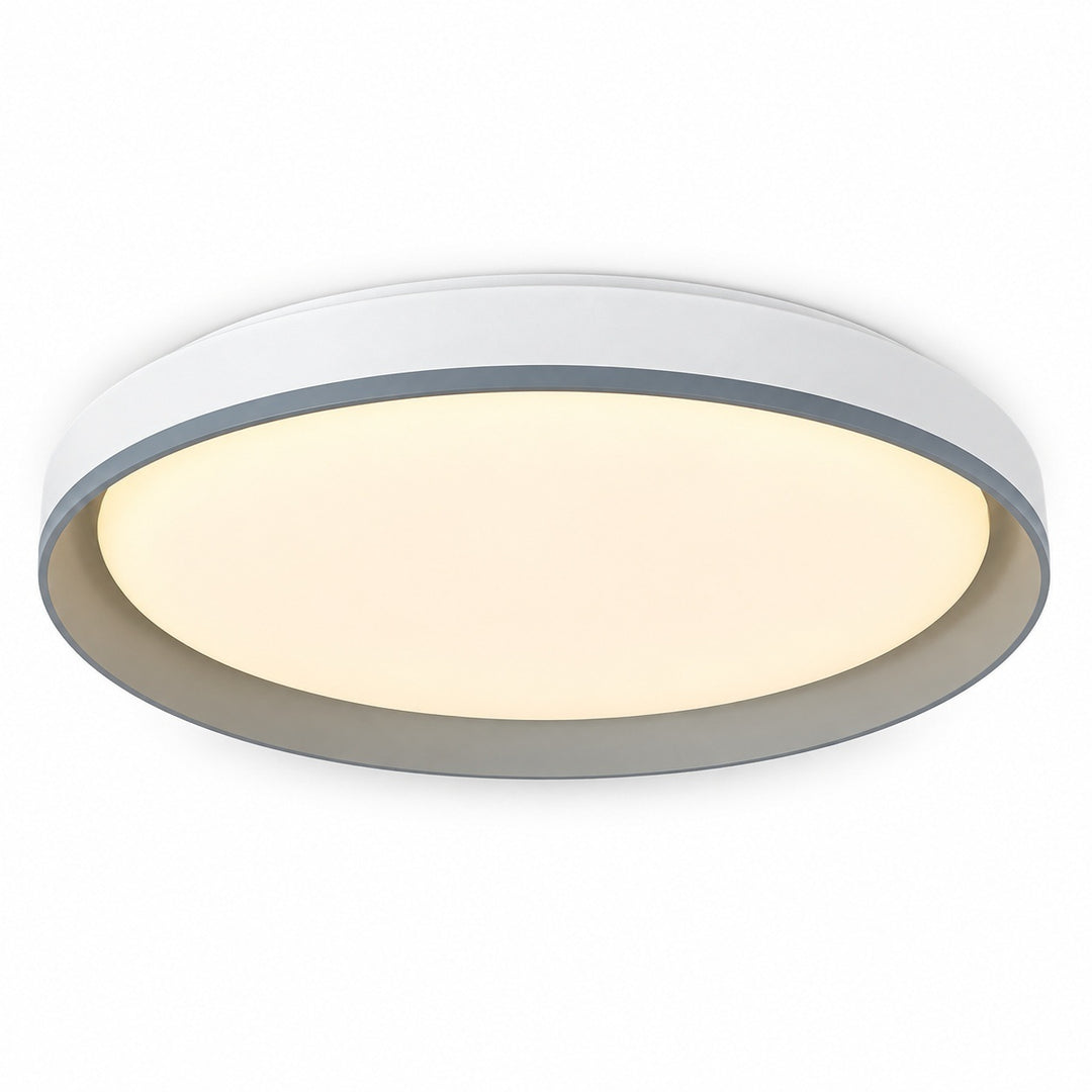 A modern flush-mount ceiling light with a circular white outer frame, a gray inner trim, and a warm white illuminated diffuser, shown against a plain white background.