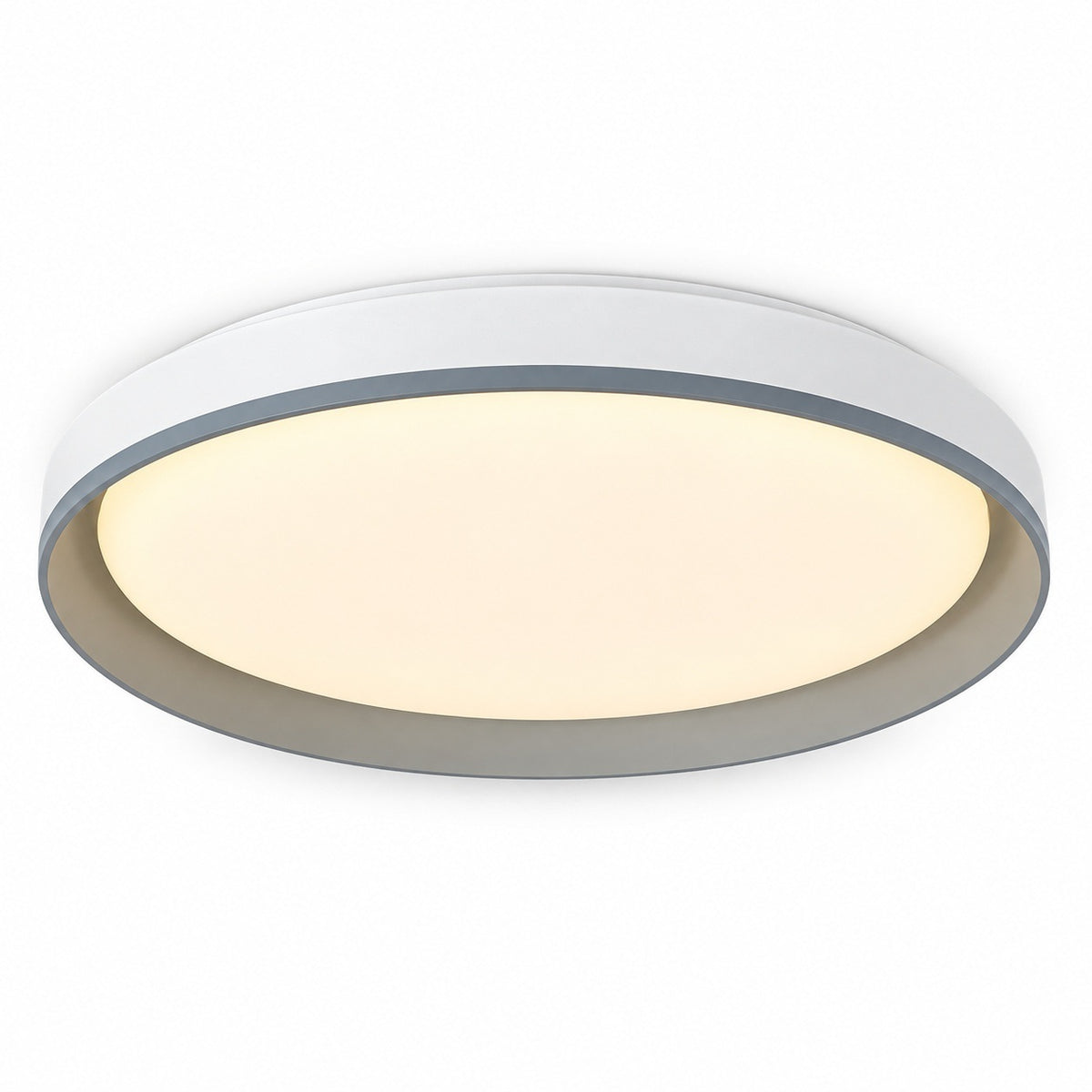 A modern flush-mount ceiling light with a circular white outer frame, a gray inner trim, and a warm white illuminated diffuser, shown against a plain white background.