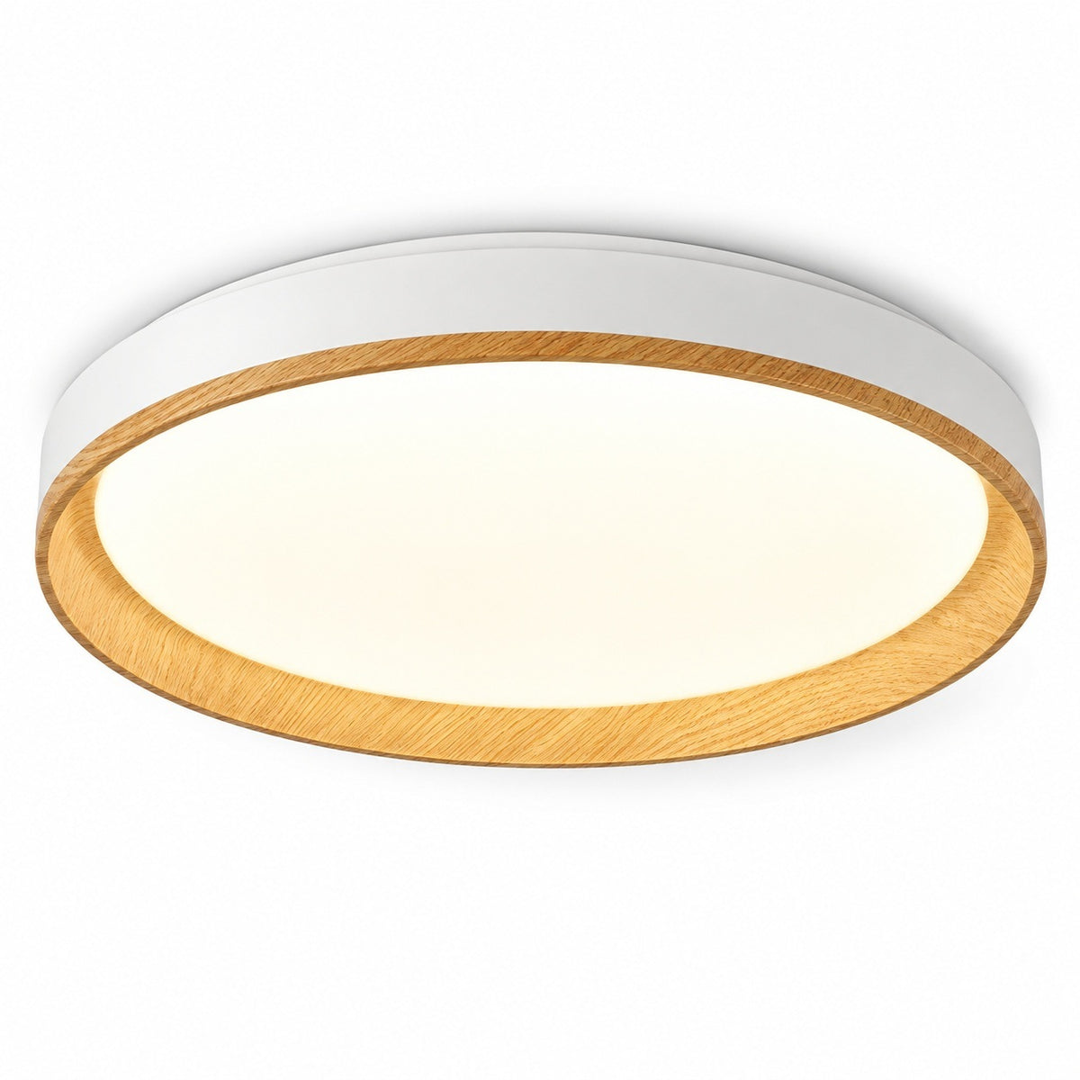 A modern round ceiling light fixture with a white outer frame, a warm wood-grain inner trim, and a glowing white diffuser, shown against a plain white background.