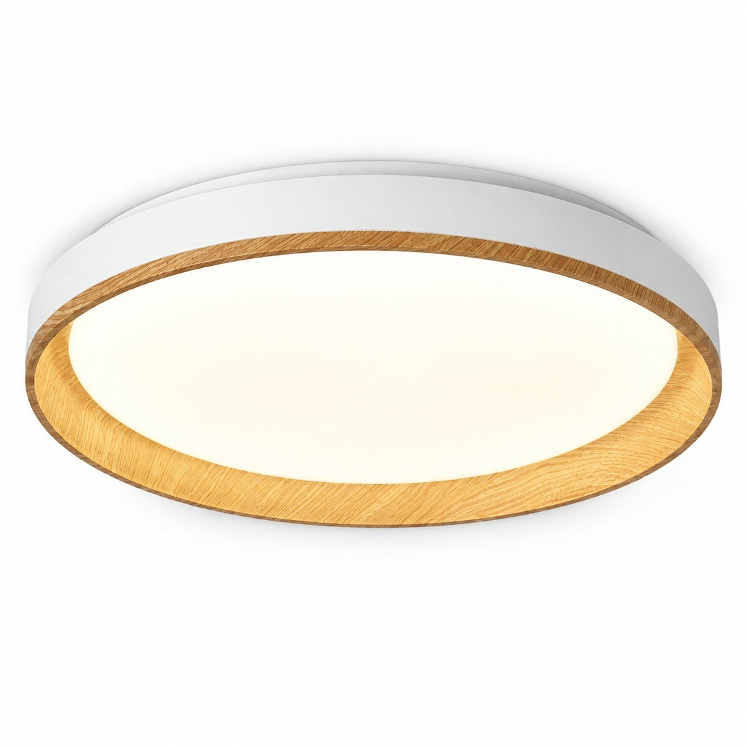 A modern flush-mount ceiling light fixture featuring a white outer frame, a warm wood-grain inner trim, and a glowing white LED light panel, shown against a plain white background.