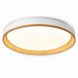 A modern flush-mount ceiling light fixture featuring a white outer frame, a warm wood-grain inner trim, and a glowing white LED light panel, shown against a plain white background.