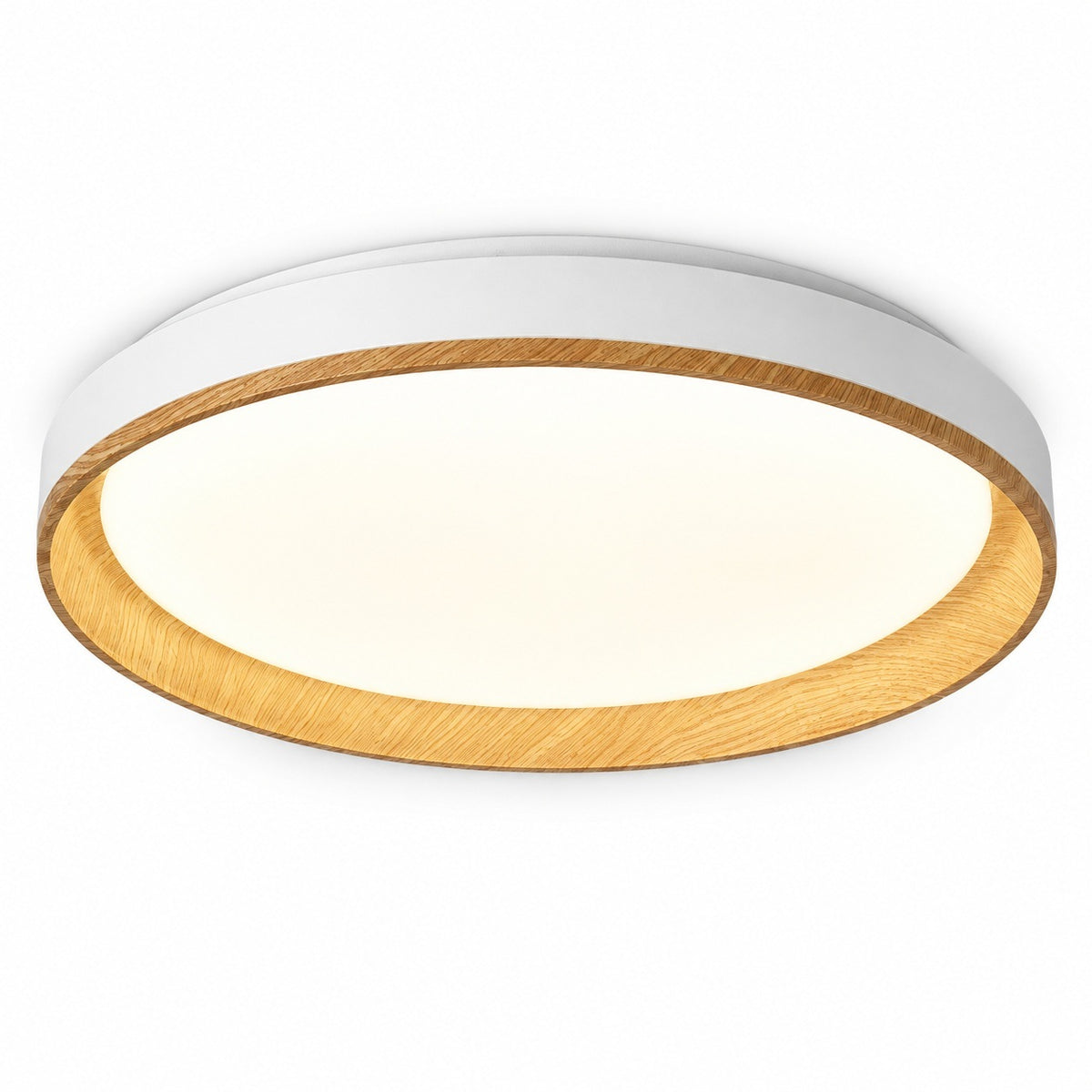 A modern flush-mount ceiling light fixture featuring a white outer frame, a warm wood-grain inner trim, and a glowing white LED light panel, shown against a plain white background.