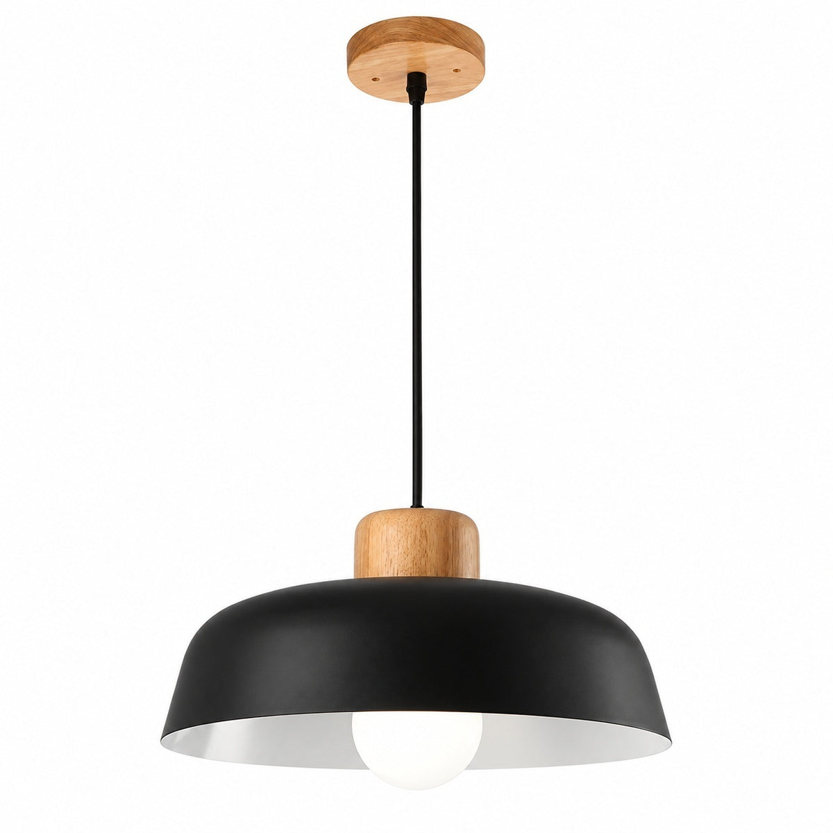A modern pendant light fixture with a matte black dome shade, a natural wood ceiling canopy and middle accent, and a white interior lining, shown against a plain white background.