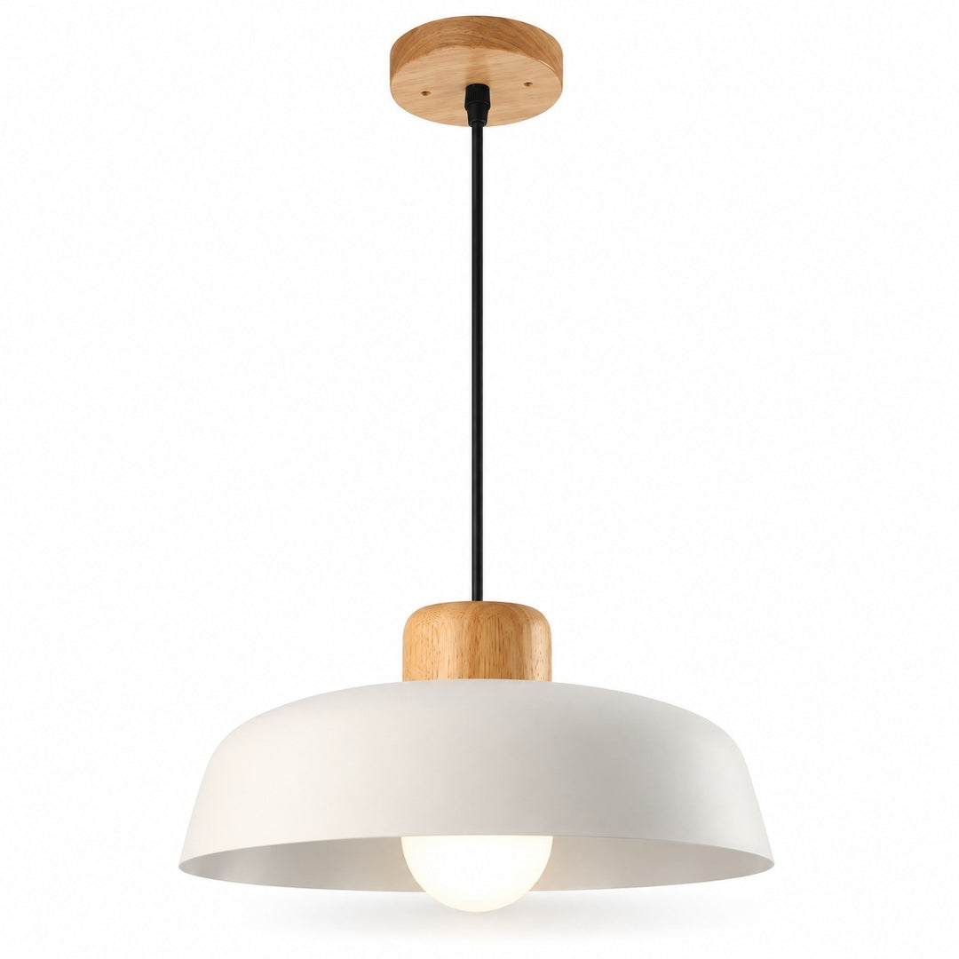 A modern pendant light fixture with a large white dome shade, a natural wood accent collar, a black hanging cord, and a round wooden ceiling canopy, shown against a plain white background.
