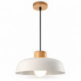 A modern pendant light fixture with a large white dome shade, a natural wood accent collar, a black hanging cord, and a round wooden ceiling canopy, shown against a plain white background.
