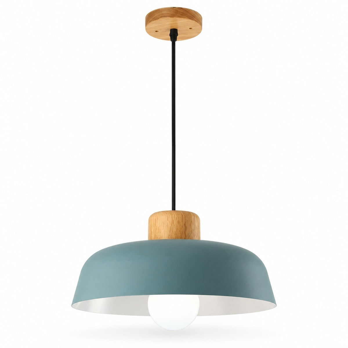 A modern pendant light with a matte slate blue dome shade, a natural wood accent cylinder, a black hanging cord, and a circular wood ceiling canopy, shown against a plain white background.