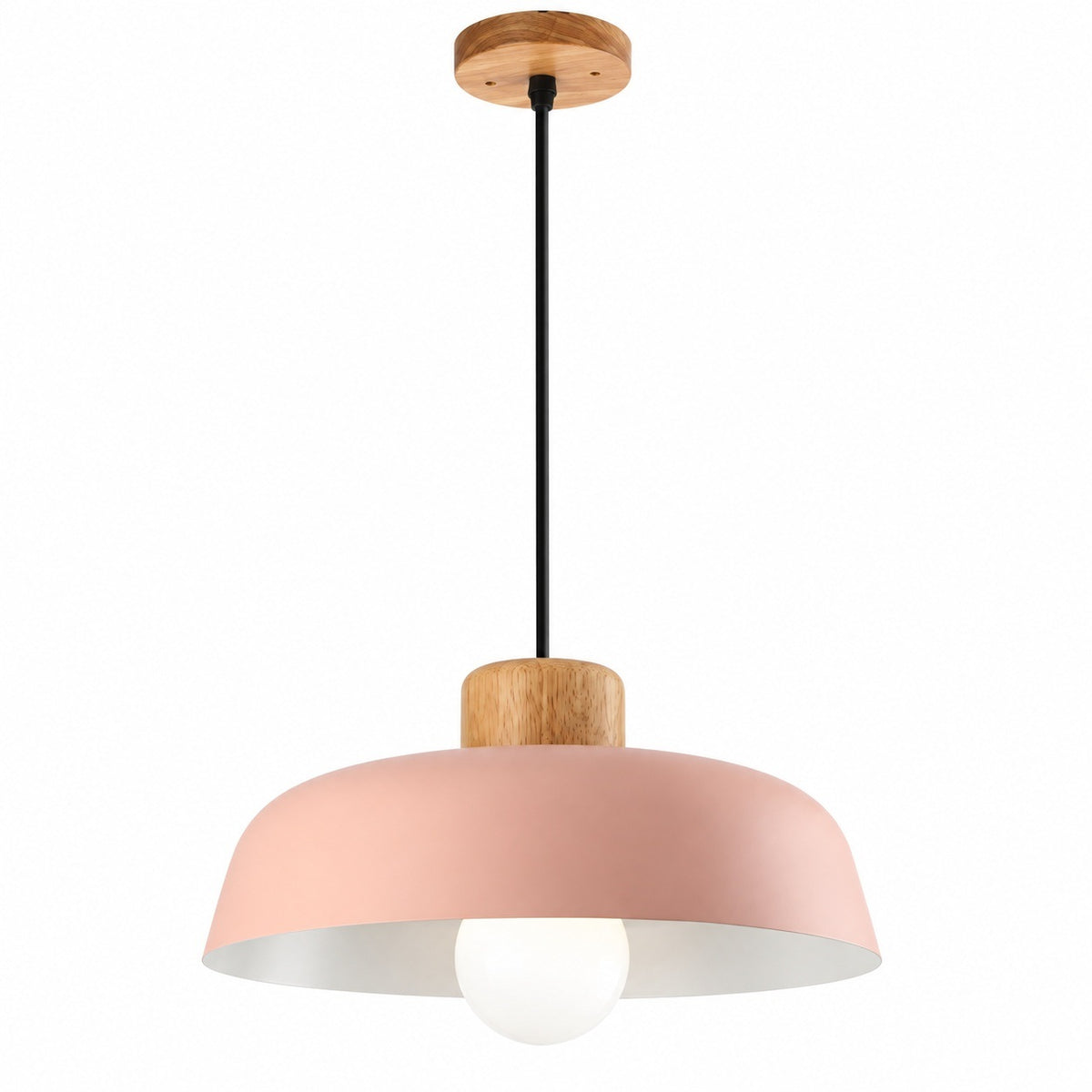 A modern pendant light fixture with a dusty pink metal shade, a natural wood ceiling canopy and collar, and a black hanging cord. A white frosted globe bulb is visible inside the shade.