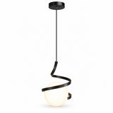 A modern spiral pendant light with a matte black metal frame and a glowing frosted white globe shade, suspended against a plain white background.