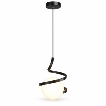A modern spiral pendant light with a matte black metal frame and a glowing frosted white globe shade, suspended against a plain white background.