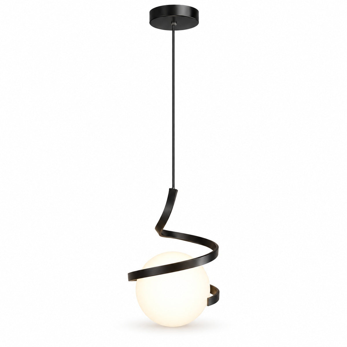 A modern spiral pendant light with a matte black metal frame and a glowing frosted white globe shade, suspended against a plain white background.
