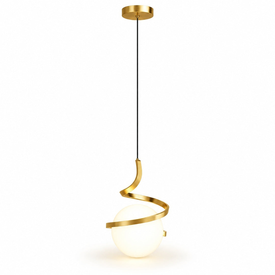 A modern spiral pendant light with a brushed gold metal frame wrapping around a glowing white globe shade, suspended by a thin black cord from a matching gold ceiling canopy.