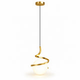 A modern spiral pendant light with a brushed gold metal frame wrapping around a glowing white globe shade, suspended by a thin black cord from a matching gold ceiling canopy.