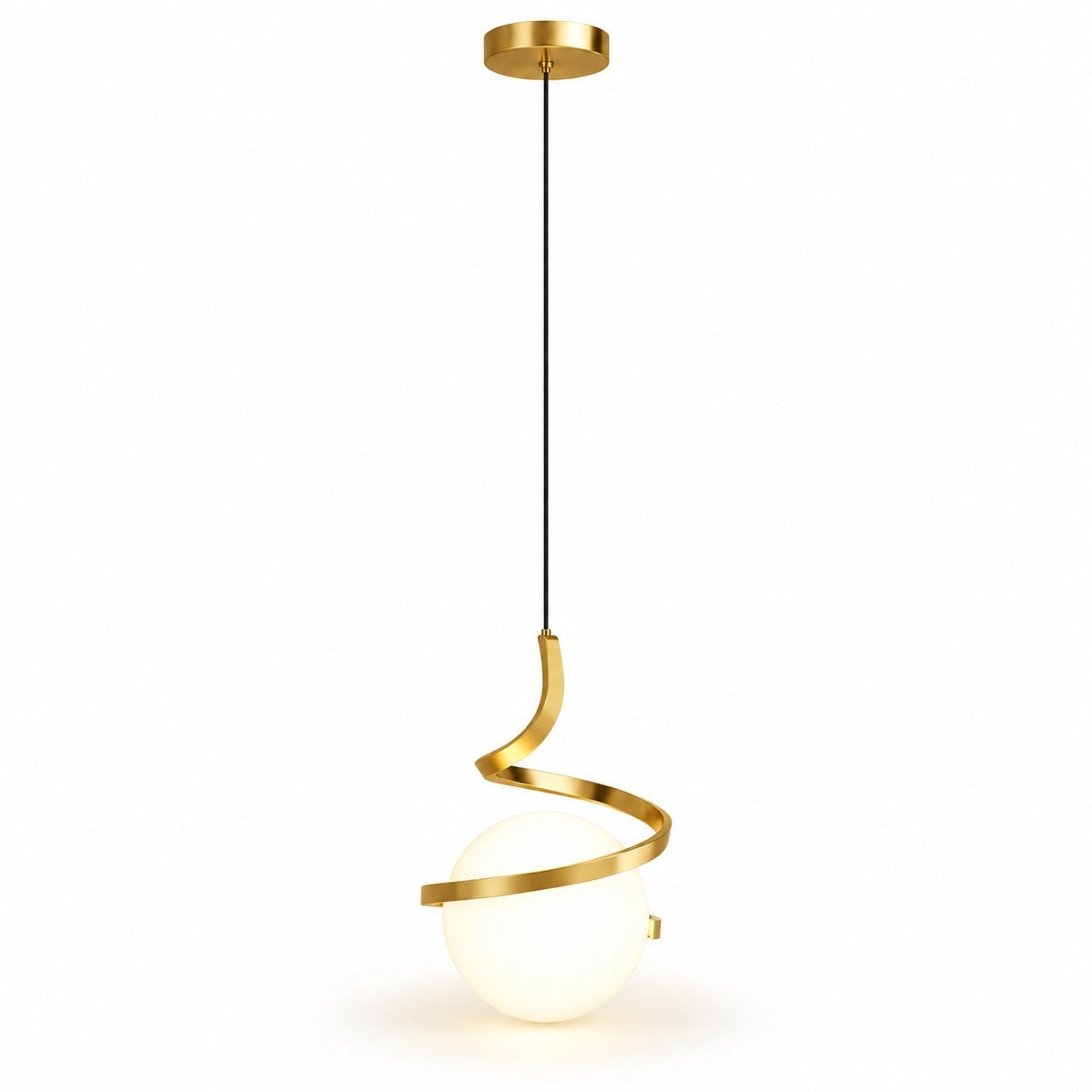A modern spiral pendant light with a brushed gold metal frame wrapping around a glowing white globe shade, suspended by a thin black cord from a matching gold ceiling canopy.