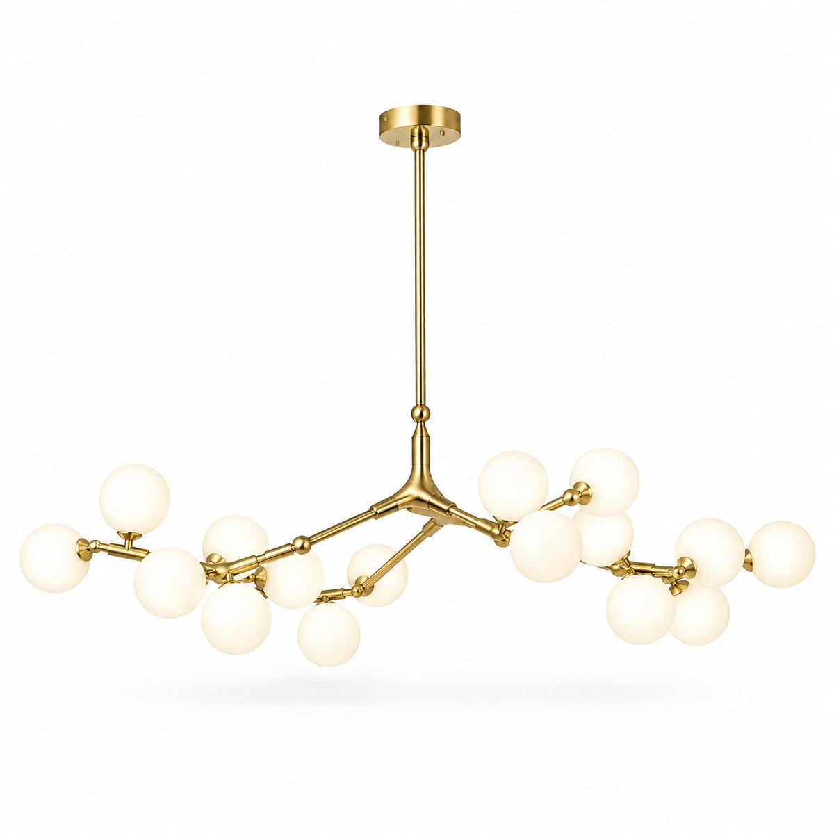 Gold-tone branching chandelier with glowing white globe shades, a long suspension rod, and a round ceiling canopy against a white background.