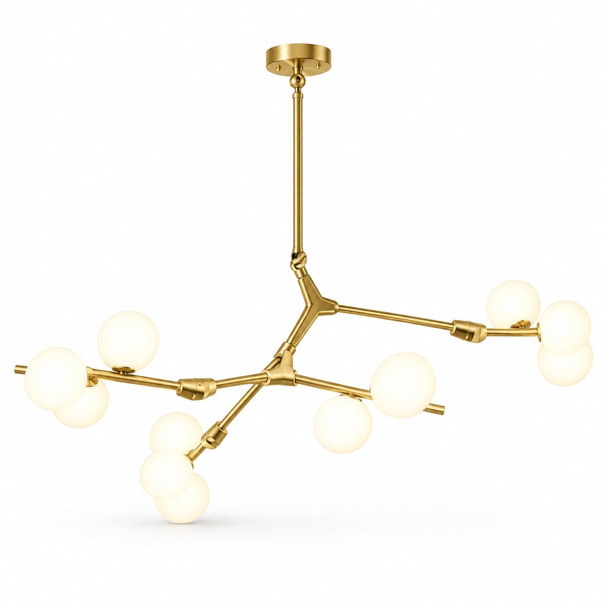 Gold-tone chandelier with angular branching arms and clusters of glowing white globe shades, shown at an angle against a white background.