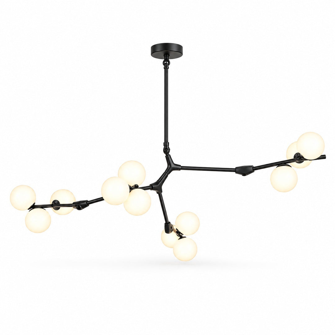 Black chandelier with angular branching arms, glowing white globe shades, and a round ceiling canopy against a white background.