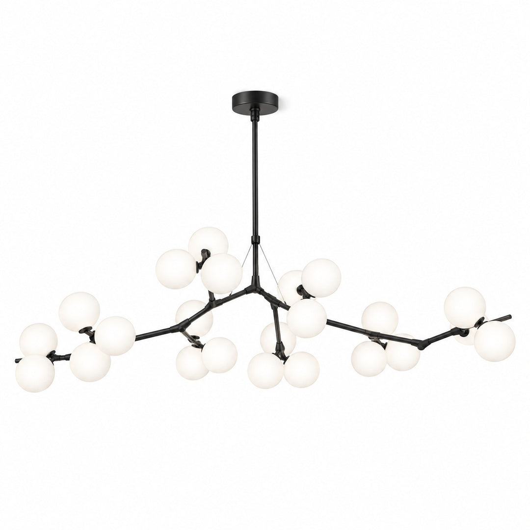 Black branching chandelier with white globe shades, thin support wires, and a central suspension rod against a white background.