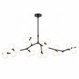 Black branching chandelier with white globe shades, thin support wires, and a central suspension rod against a white background.