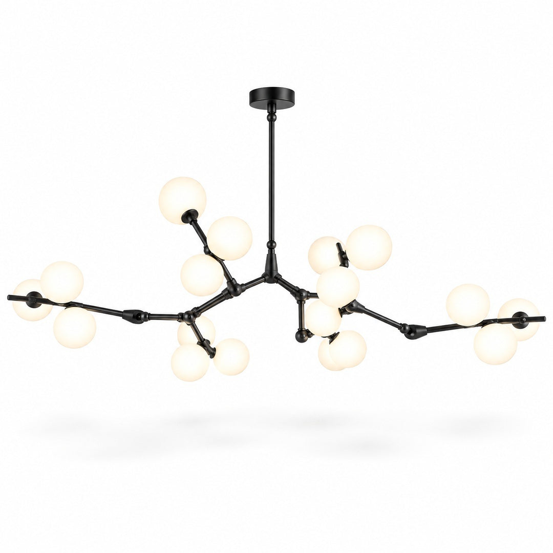 Black chandelier with widely spread jointed arms and clusters of glowing white globe shades against a plain white background.