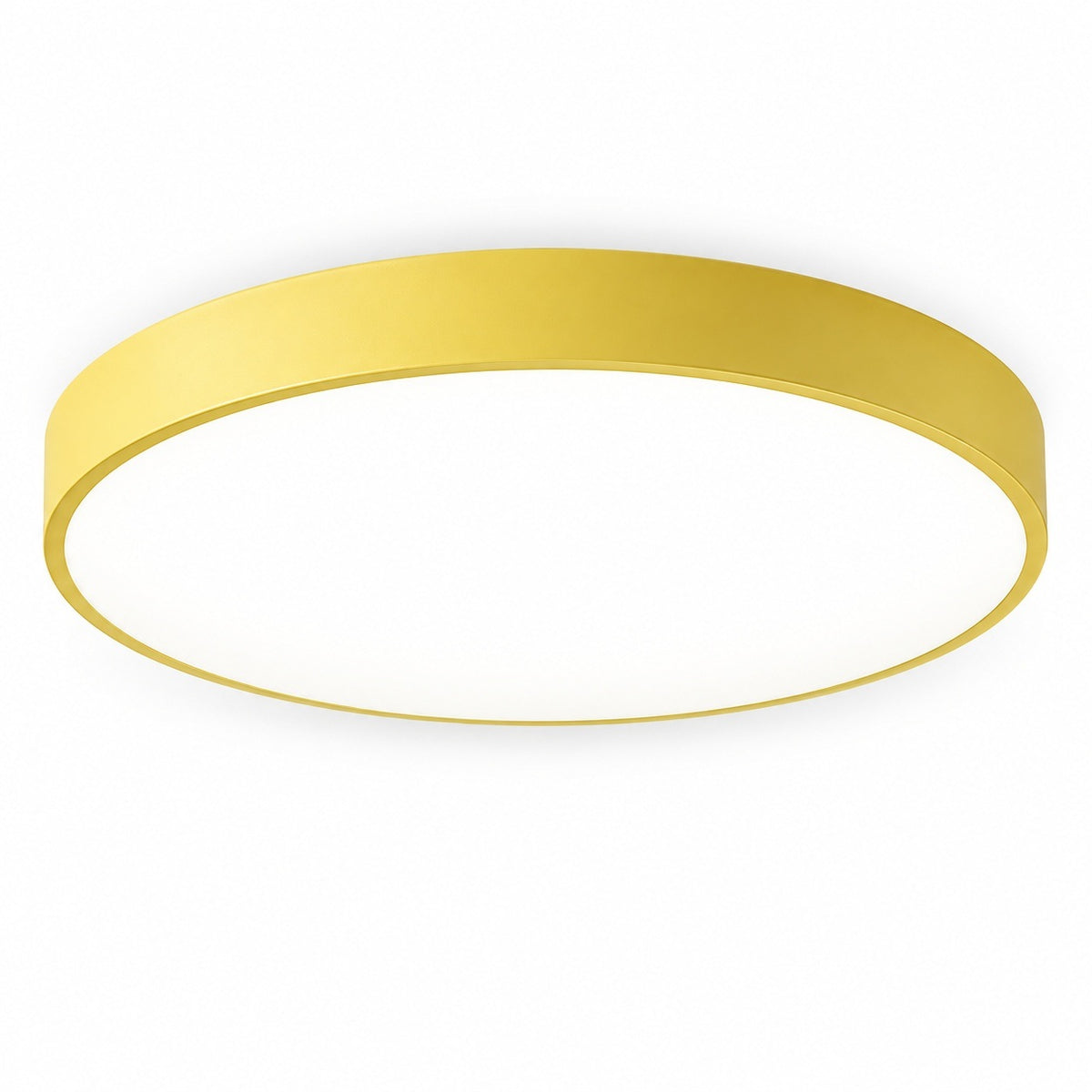 Round flush-mount ceiling light with a yellow rim and white diffuser, viewed from below against a white background.