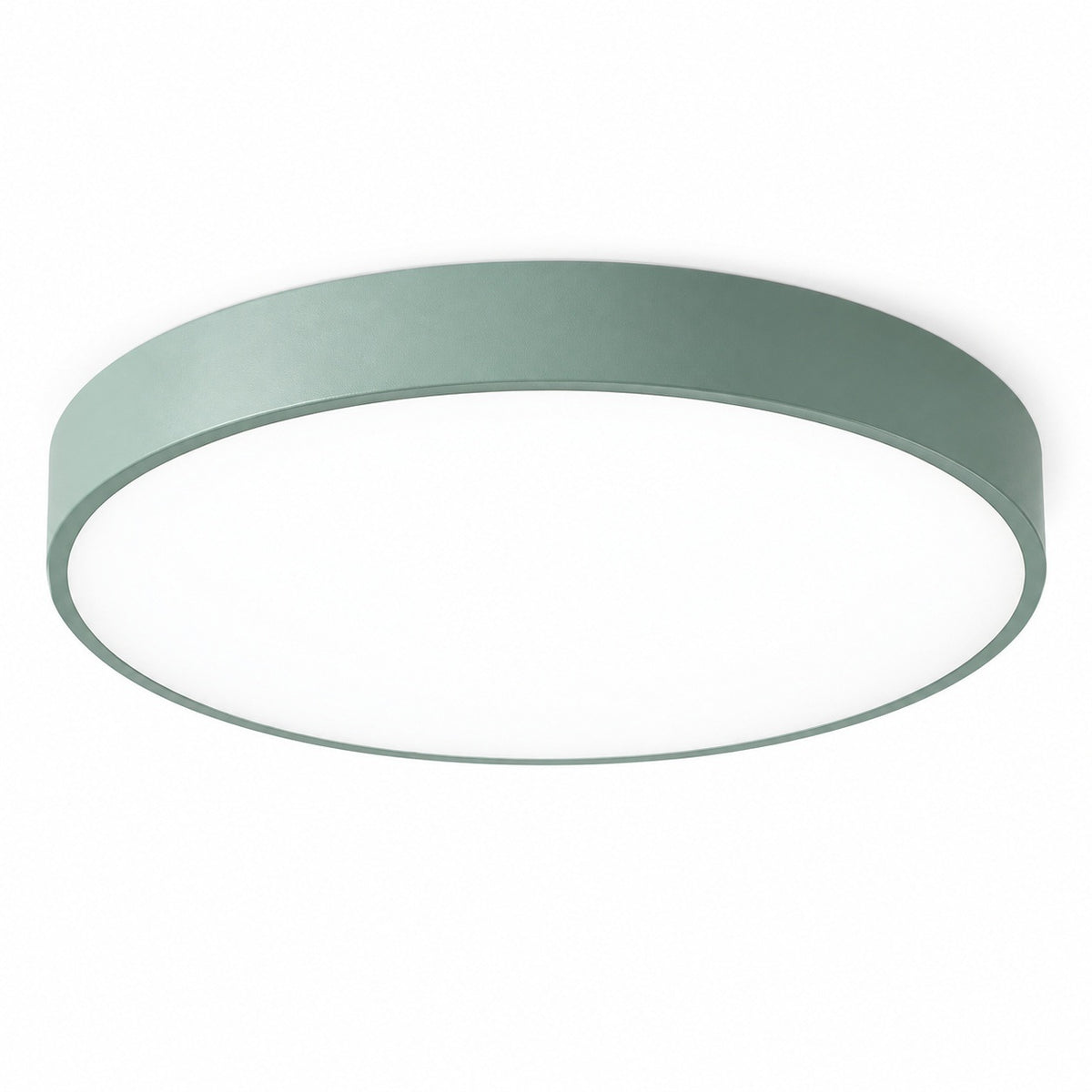 Round flush-mount ceiling light with a sage green rim and white diffuser, viewed from below against a white background.