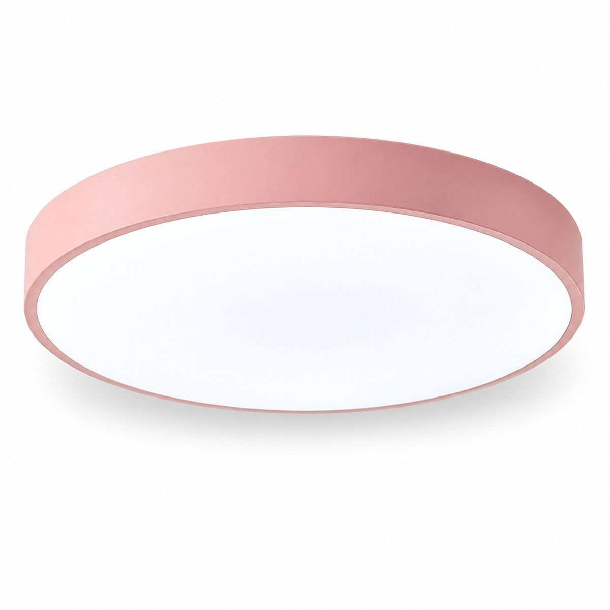 Round flush-mount ceiling light with a pink rim and white diffuser, viewed from below against a white background.